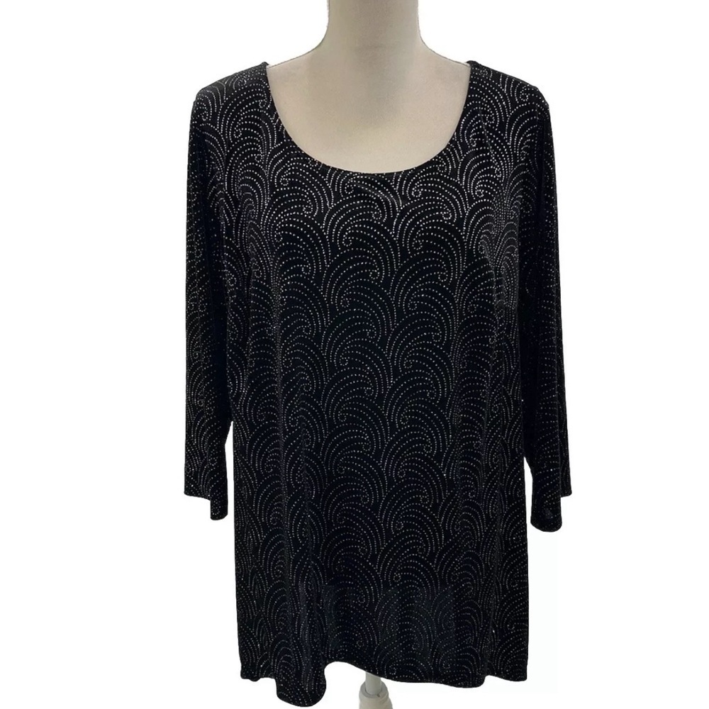 Notations Black Velvet Metallic Top Women’s 1X Hi-Low Long Sleeve Evening Blouse